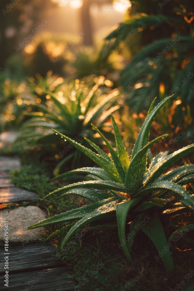 Obraz premium Tranquil aloe vera garden at golden hour with dewy leaves and warm sunlight for wellness mindfulness natural calm eco-friendly lifestyle concept
