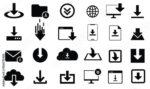 Download and file action icon set including cloud, folder, device and arrow symbols