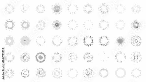 Collection of grayscale circular design elements and radiating starburst patterns