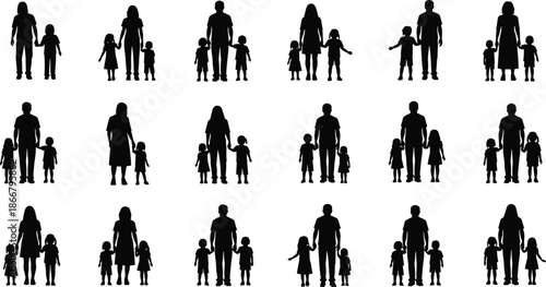 Large Collection of Family Silhouettes Featuring Parents and Children in Various Poses Representing Love Parenthood Childhood Social Support and Community
