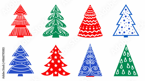 Colorful christmas trees with various designs and patterns displayed on a white background