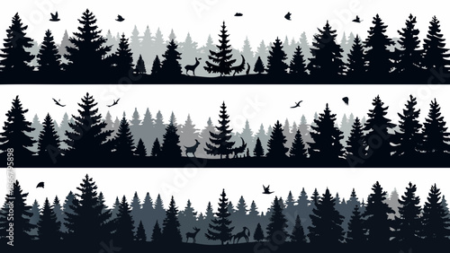 Silhouetted forest landscape with deer and birds in layered design
