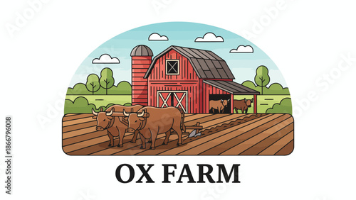 Ox on a red barn farmyard landscape in rural setting.