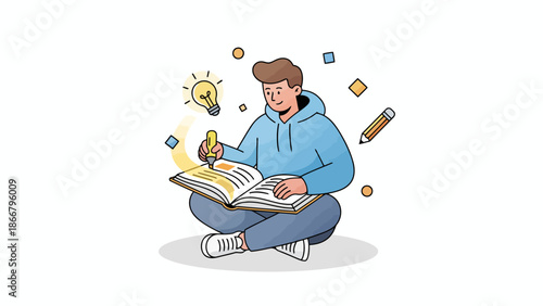 Young student reading a book and studying.