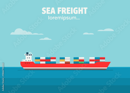 Illustration of a red cargo ship sailing on a calm blue ocean