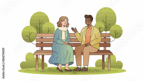 Couple Sitting on Park Bench Engaged in Conversation.