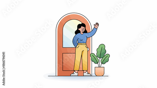 Woman standing at doorway greeting beside plant indoors.