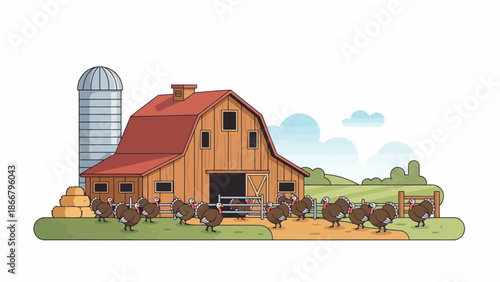 Illustration of a Sunny Farm Barn With Animals and Silo.