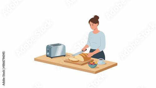 woman slicing bread on cutting board illustration.