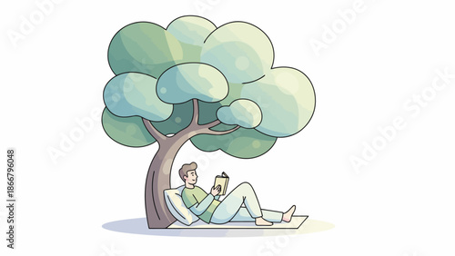 Person Relaxing Under Tree Reading A Book In Nature.