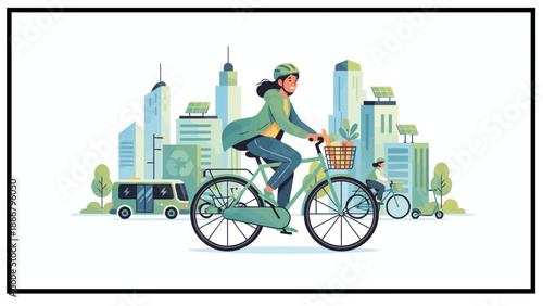 City Cyclist Riding Bicycle Through Urban Landscape.