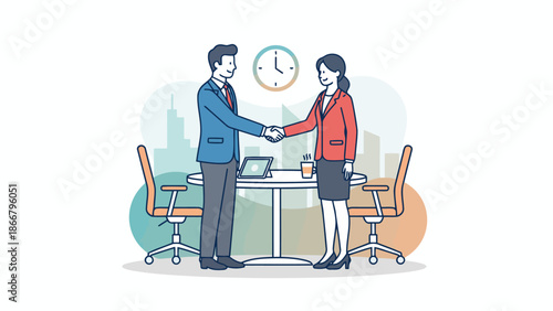 Business handshake between colleagues in office setting.