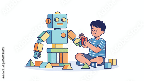 Boy and Robot Building Blocks Together.