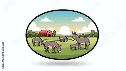 Group of horses grazing in green pasture.