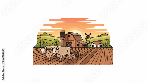 Cows On A Sunlit Farm Near A Red Barn.