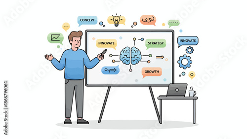 Presenter Demonstrating Brain Diagram On Whiteboard.