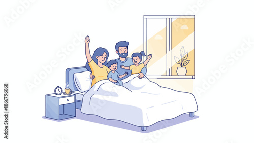 Lively family waking in bed together morning joy.