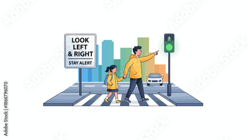 Two Pedestrians Crossing a Crosswalk with Safety Sign and Signals.
