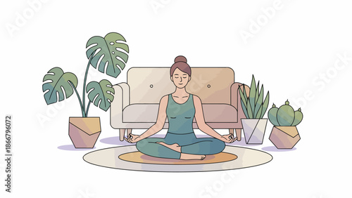 Meditating person sitting cross legged on yoga mat.
