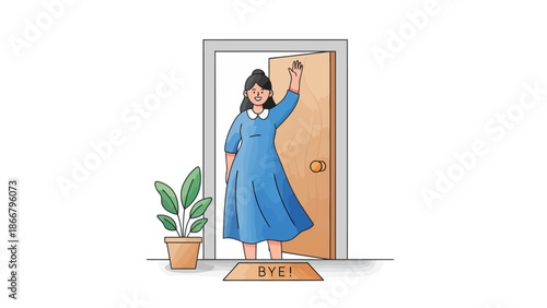 Woman in Blue Dress Opening Door to Room.