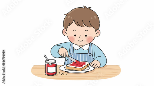 Young boy enjoying a meal with steak.