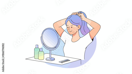 Woman applying makeup at vanity mirror illustration.