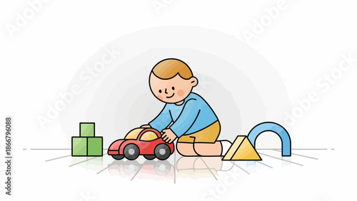 Young child playing with a red toy car on the floor.