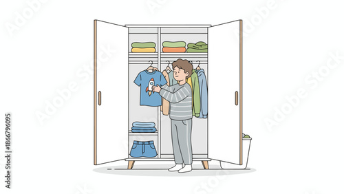 Person choosing clothes from open closet wardrobe.
