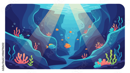 Colorful underwater coral reef scene with fish.