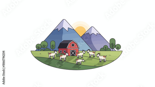 Rustic Farm Barn With Mountain Landscape.