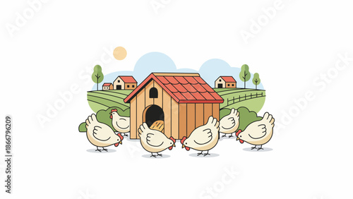 Chickens and henhouse on a sunny rustic farm scene with coop.