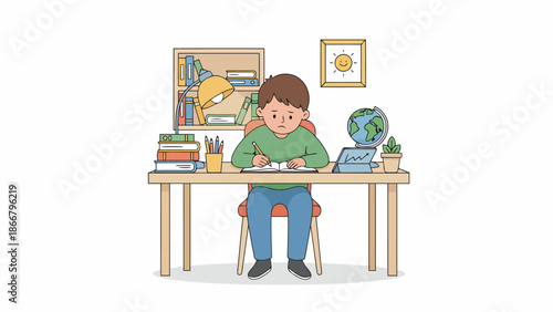Young boy studying at desk surrounded by books.