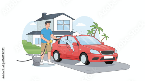 Red Car Being Washed At Home.