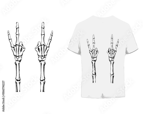 Skeleton hands making a rude gesture on a white t shirt design