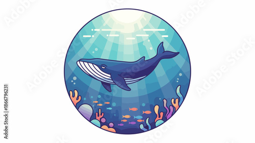 Blue Whale Swimming in Circular Ocean Portrait.