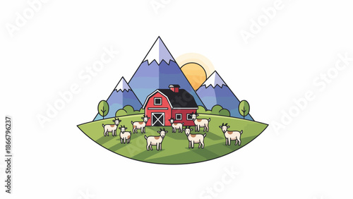Barn and Flock of Sheep on Green Pasture.