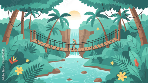 Adventurer Crossing Rope Bridge in Dense Jungle.
