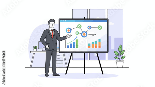 Business presenter explaining data on board during presentation.