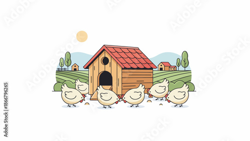 Cute Chicken Coop With Happy Chickens In Farmyard.