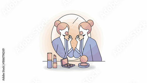 Two Women Applying Makeup At Vanity Mirror.