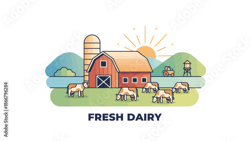 Dairy Farm Barn With Cows In Pasture Under Sun.