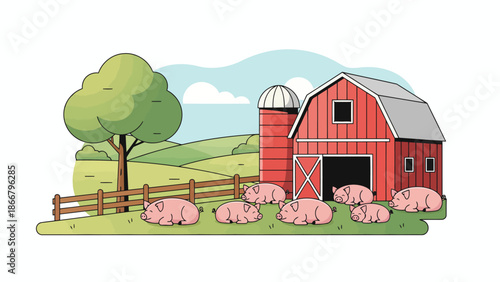 Pigs On Farm Near Red Barn.