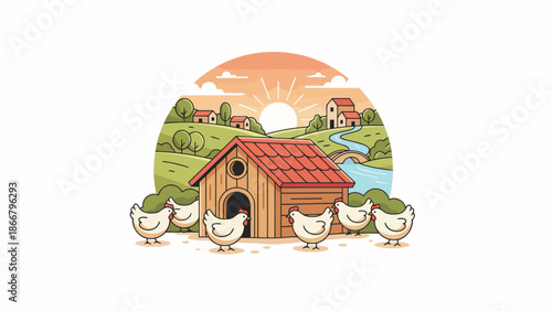 Group of chickens around a wooden coop on farm.