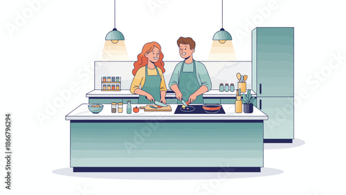 Couple Cooking Together at Modern Kitchen Island.