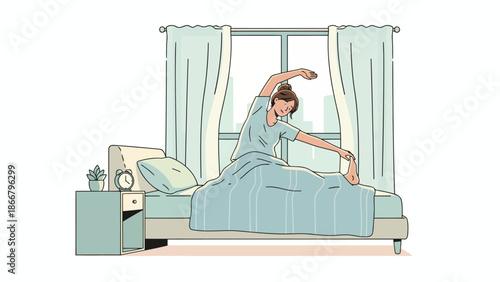 Person waking up in bed stretching morning routine.
