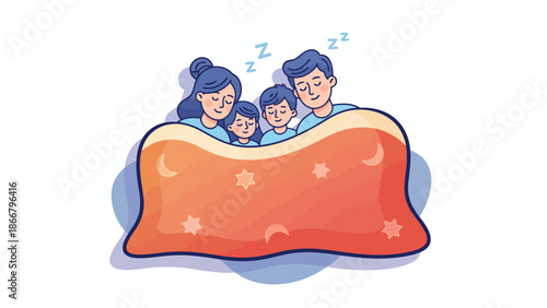 Cartoon family cuddling in bed together.