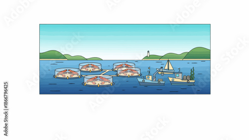 Small boats on calm blue water with distant shoreline.