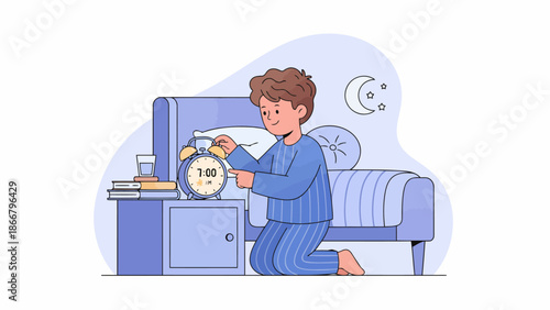 Male figure kneeling in blue pajamas beside a clock and ball.