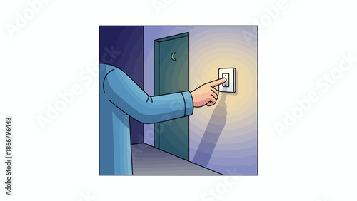 Person turning on light switch in doorway.