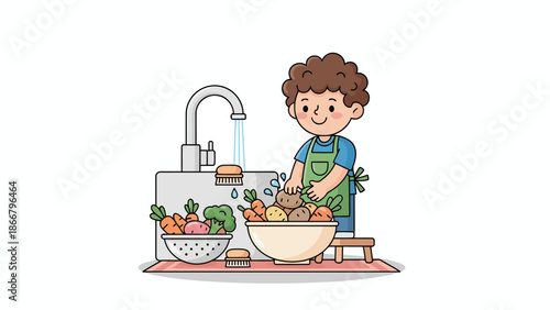 Young cook washing vegetables at kitchen sink.